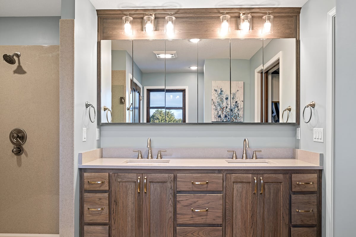 master bathroom in manhattan kansas with large vanity and mirror